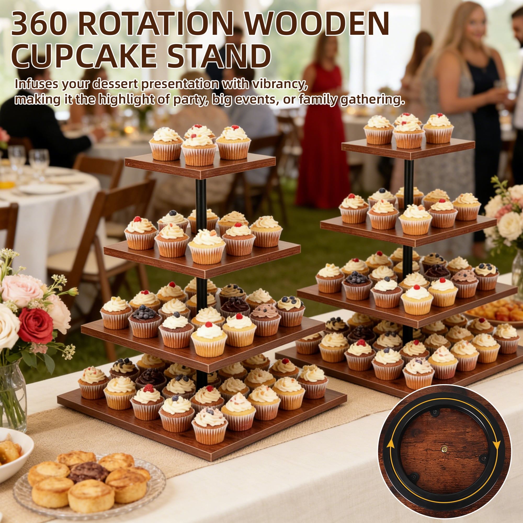 MOJINO 4 Tier Wooden Cupcake Stand for 50 Cupcakes, 360° Rotating Square Dessert Tower, Rustic Tiered Tray Serving Display for Wedding, Birthday, Baby Shower