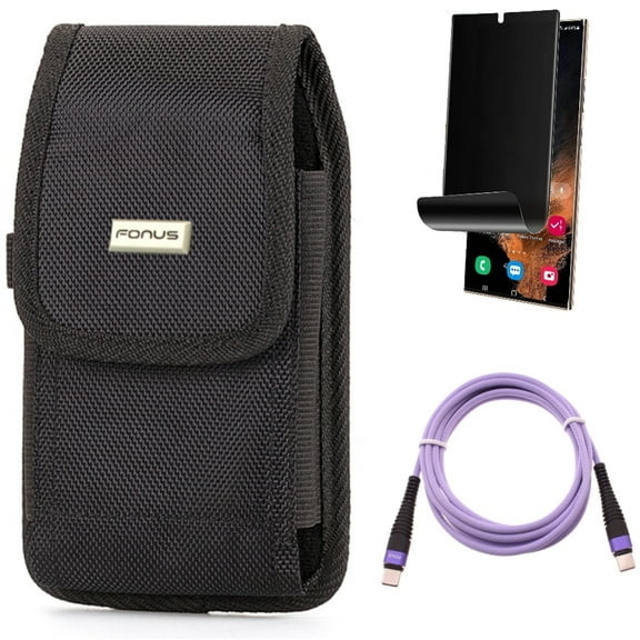 Case Belt Clip & Purple 10ft PD Cable & Privacy Screen Protector for Samsung Galaxy S22 Ultra (6.8") - Combo Rugged Holster Canvas & Type-C to USB-C Fast Charger Cord Extra Long & TPU Film