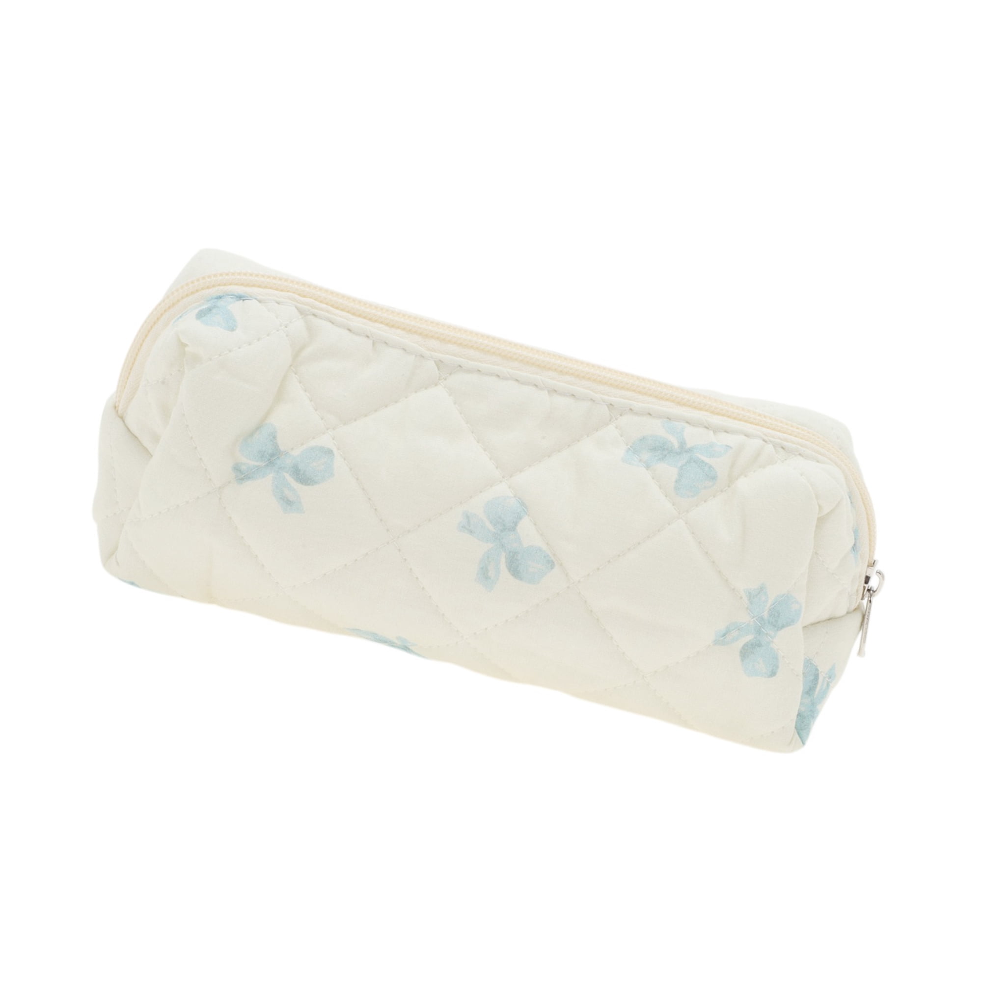 Unique Bargains 1 Pc Durable Bow Quilting Makeup Bag with Smooth Zipper White, Blue
