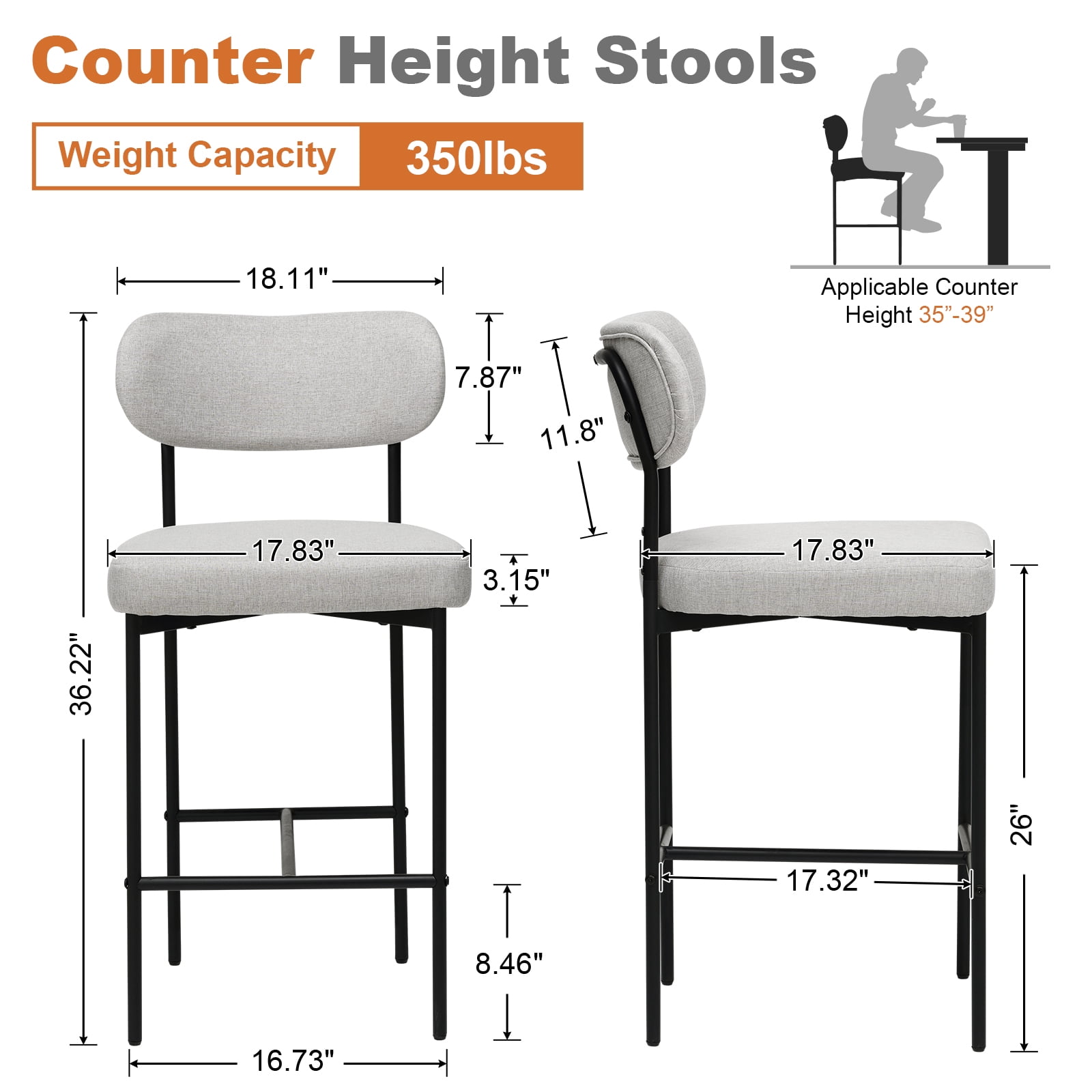 Hommpa Bar Stools Chairs Set of 2, 26" Beige Fabric Kitchen Counter Stools with Curved Back and Footrest, Fabric Counter Height Bar Chair for Kitchen Island