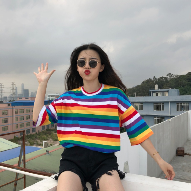 Details about  / Lady Girls Rainbow Striped Pullover Crop Tops T Shirt Loose Harajuku Casual Chic