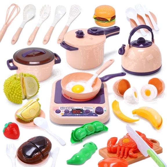 CUTE STONE Kids Kitchen Accessories Toy Pots & Pans Set, Sound Effects Induction Cooktop, Cuttable Play Food, Cooking Utensil,  Pink, Ages 3 