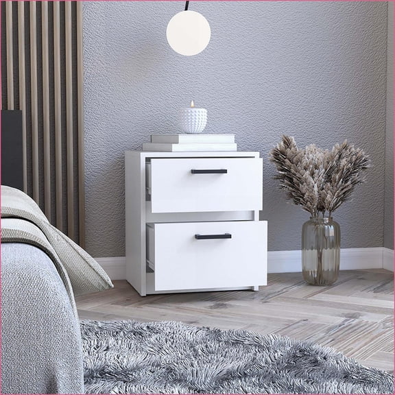White Chequered Nightstand with 2 Drawers & Shelf