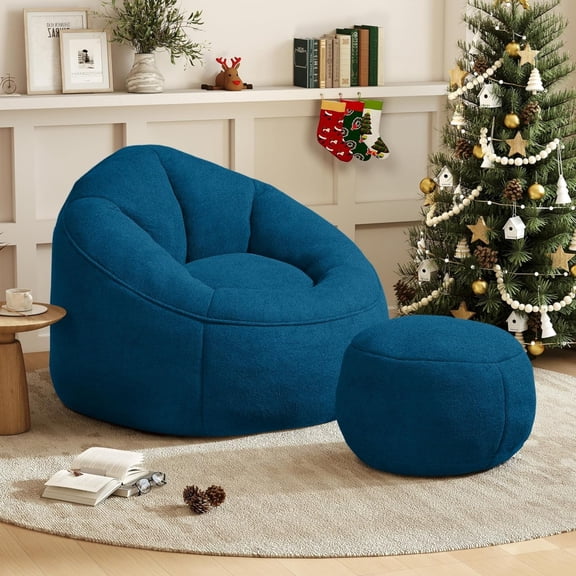 DEALTOPS Bean Bag Sofa Chair with Footrest, Foam-Filled Comfy Lounge Chair for Living Room, Bedroom, Dorm & Nursery, Blue