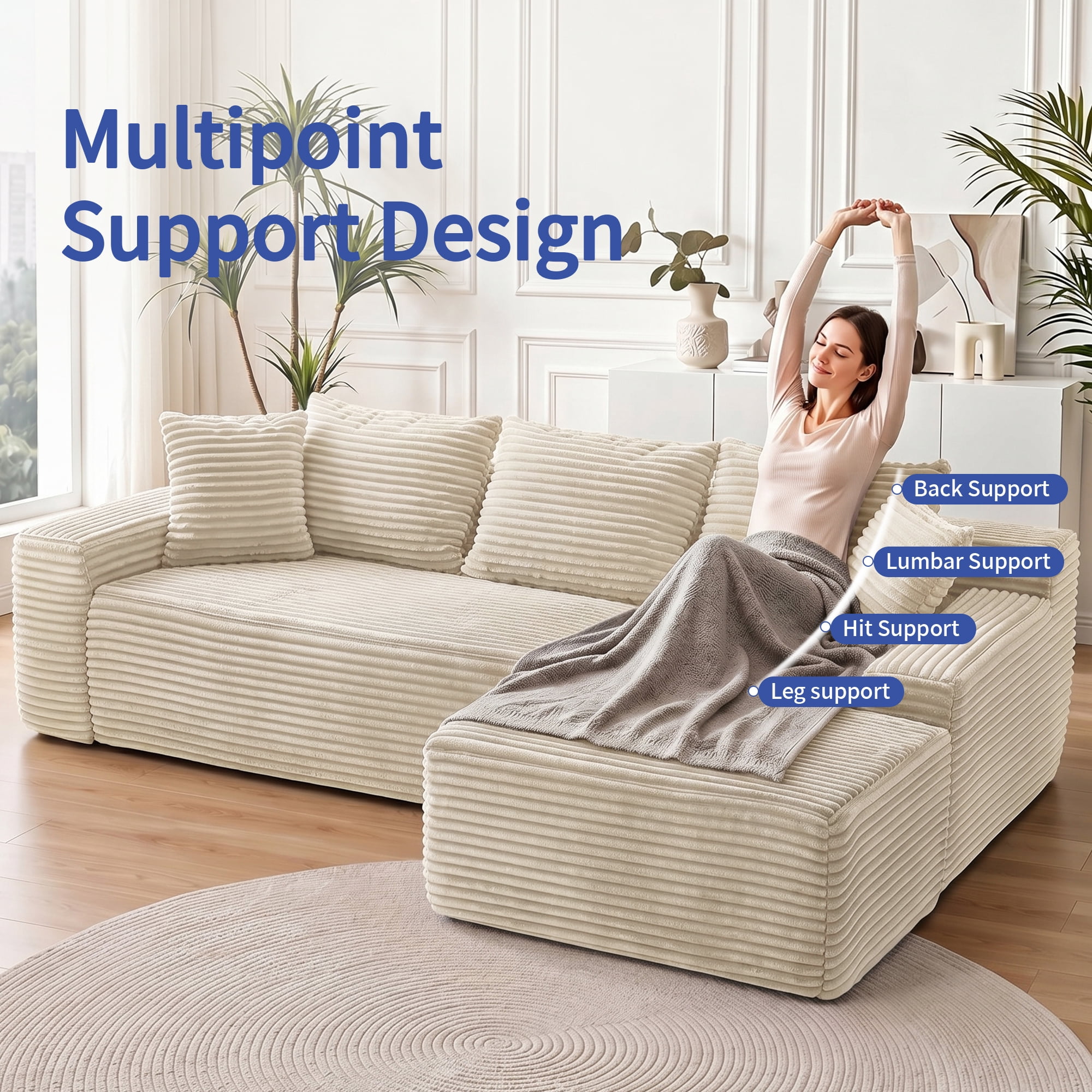 Leumius 95" Boneless Modular Sectional Sofa with Chaise,L-Shaped Comfy Corduroy Couch with Deep Seat,Upholstered Sectional Couch for Living Room, No Assembly,Beige