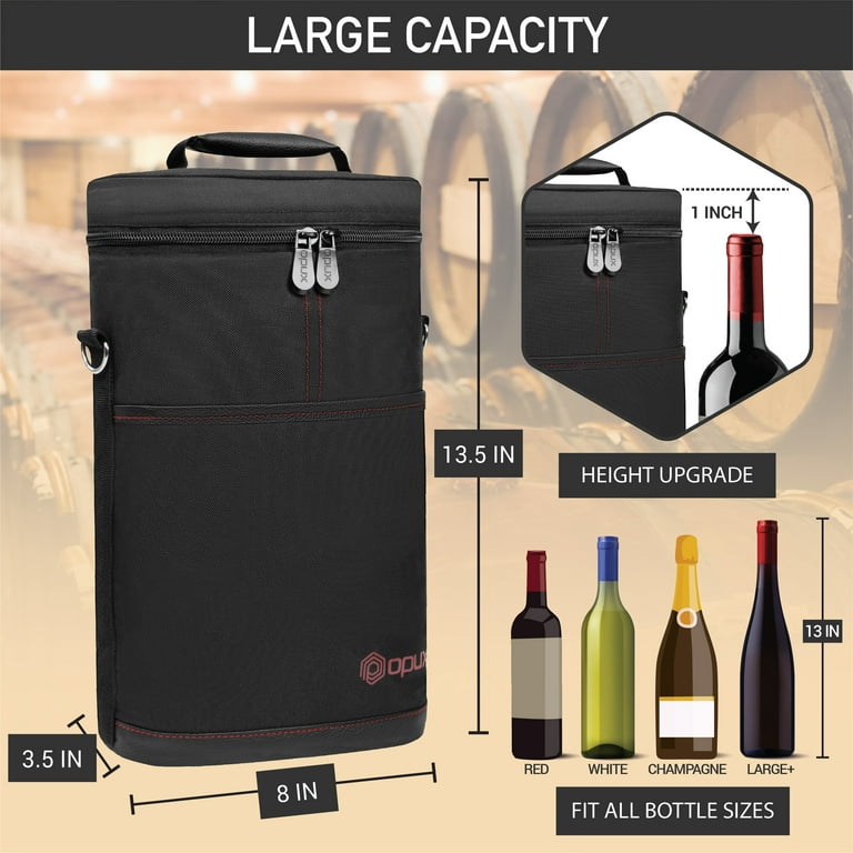 OPUX Wine Bag 2 Bottle Tote Carrier, Leakproof Portable Padded Insulated  Cooler Case Travel Picnic Gifts Christmas (Black, One Size)