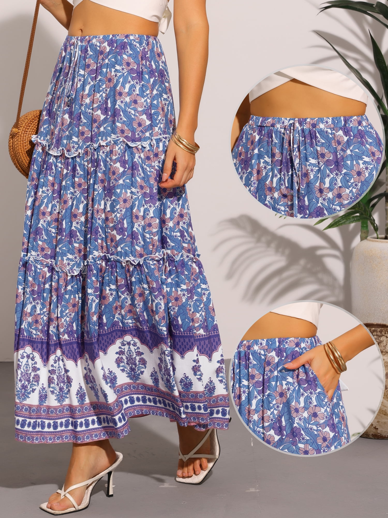 DARING DIVA Women's Floral Ruffle A Line Tiered Maxi Skirts L Blue Purple