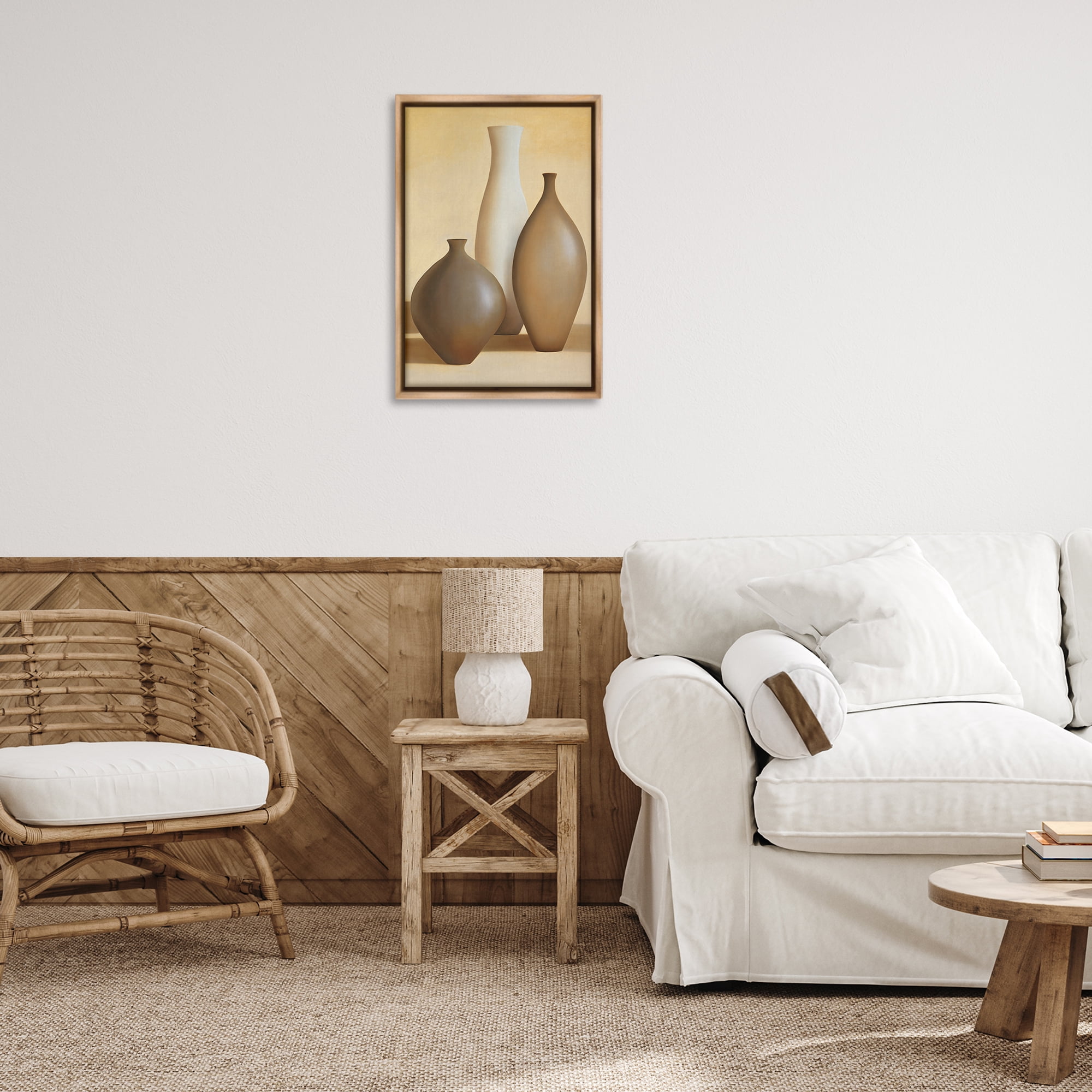 Stupell Industries Natural Pottery Bottles Furniture Painting Brown Floater Framed Canvas Art Print Wall Art, 17 x 25