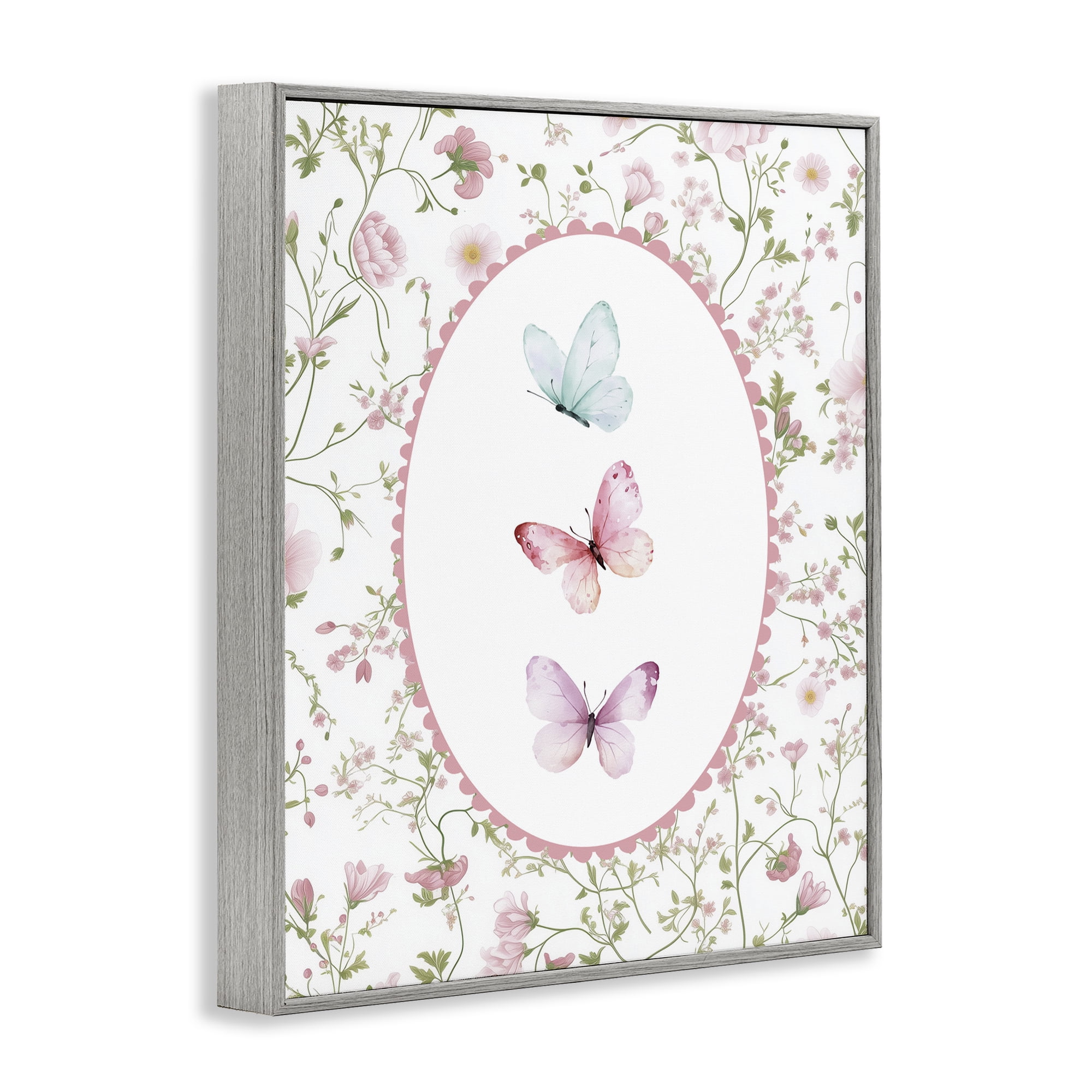 Delicate Florals & Butterfly Gray Framed Giclee Art, design by Christine Simpson Art