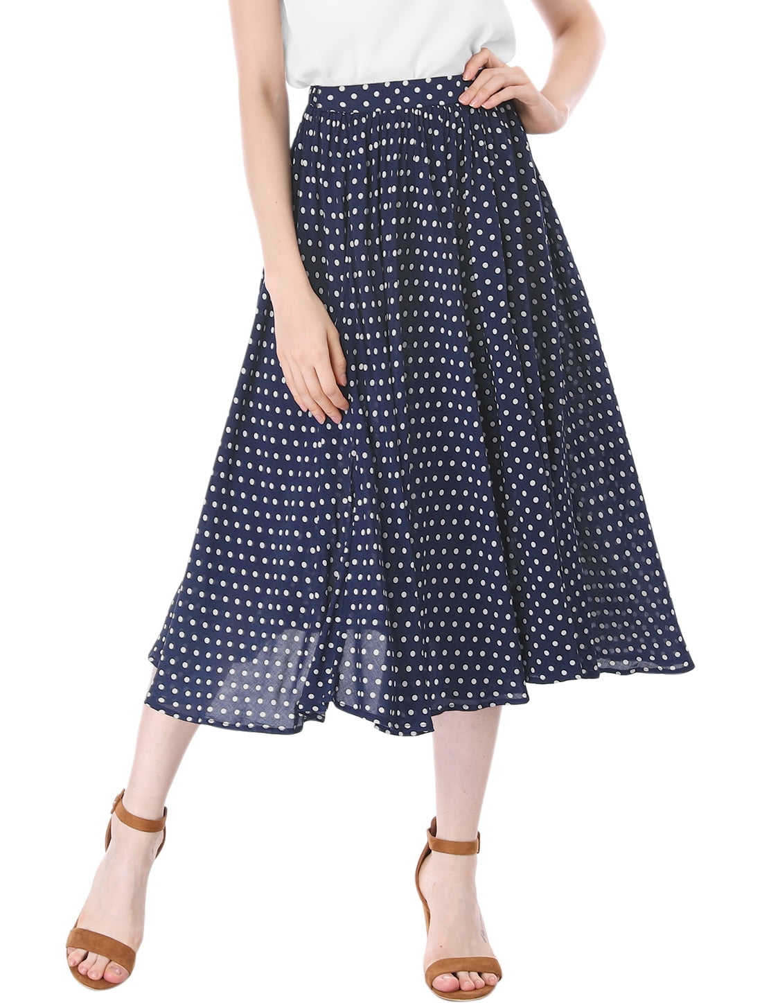 Women Polka Dots Elastic Waist Midi A Line Skirt L (US 14) Blue