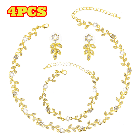 4pcs Crystal Wedding Jewelry Set for Women, Gold Wedding Necklace Bracelet and Earrings, Bridal Jewelry Accessories for Women