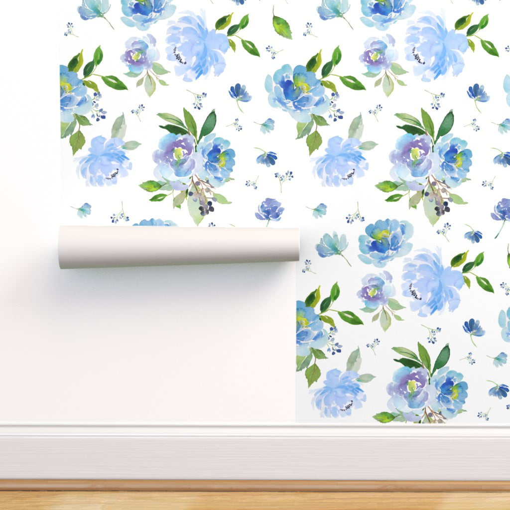 Removable Water-Activated Wallpaper Boho Blue White Baby Girl Flowers Floral 