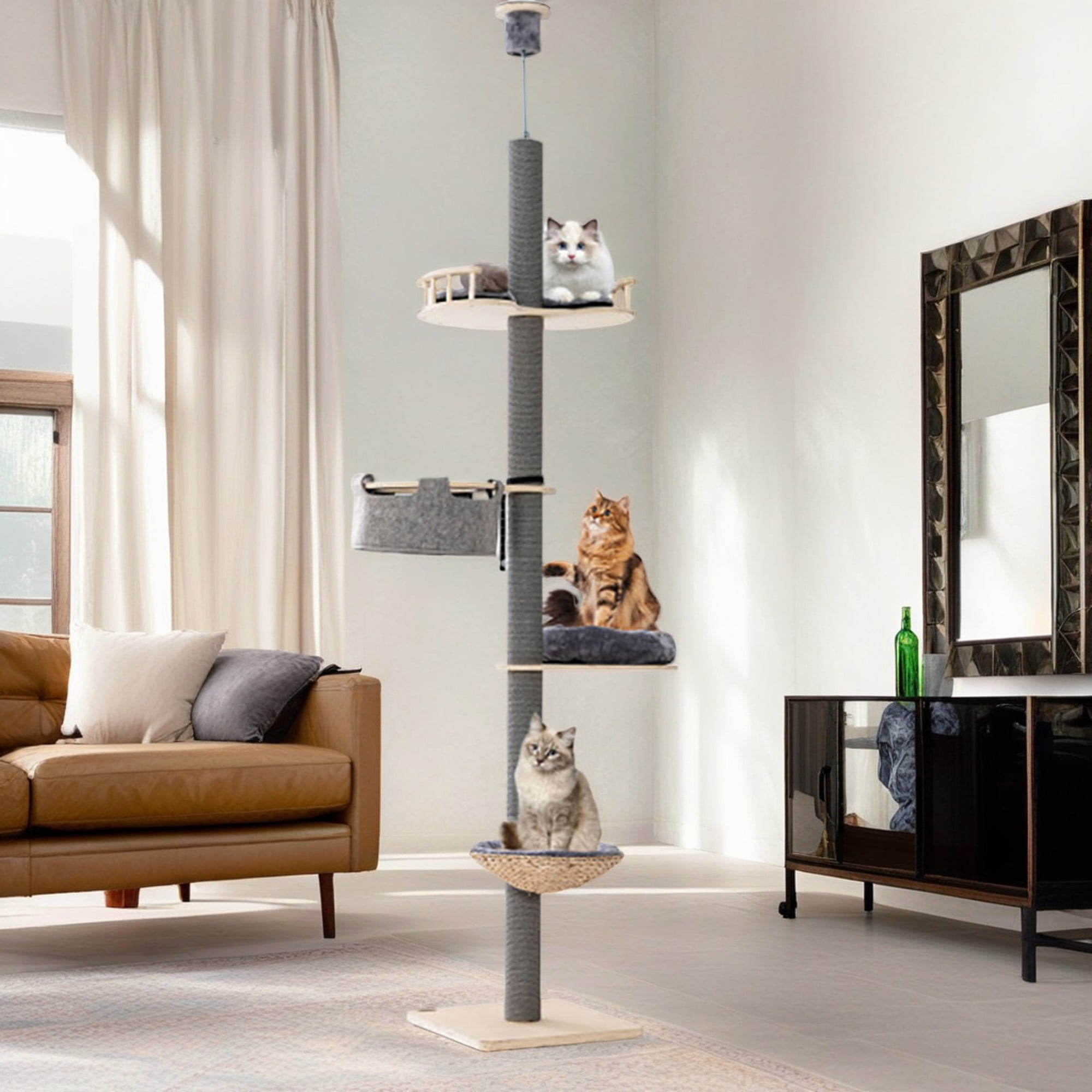resenkos 93"-107" Adjustable Height Floor to Ceiling Cat Tree Tower with 4-Tiers for Climbing, Modern Cat Tree for Indoor Cats, Gray