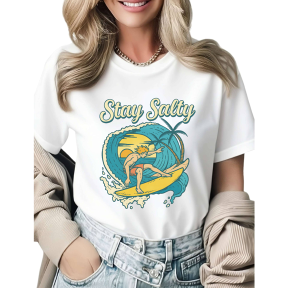 Vintage Surfing Stay Salty Graphic Tees Womens T shirt White/Black S-5XL Shirts Casual Summer Tops