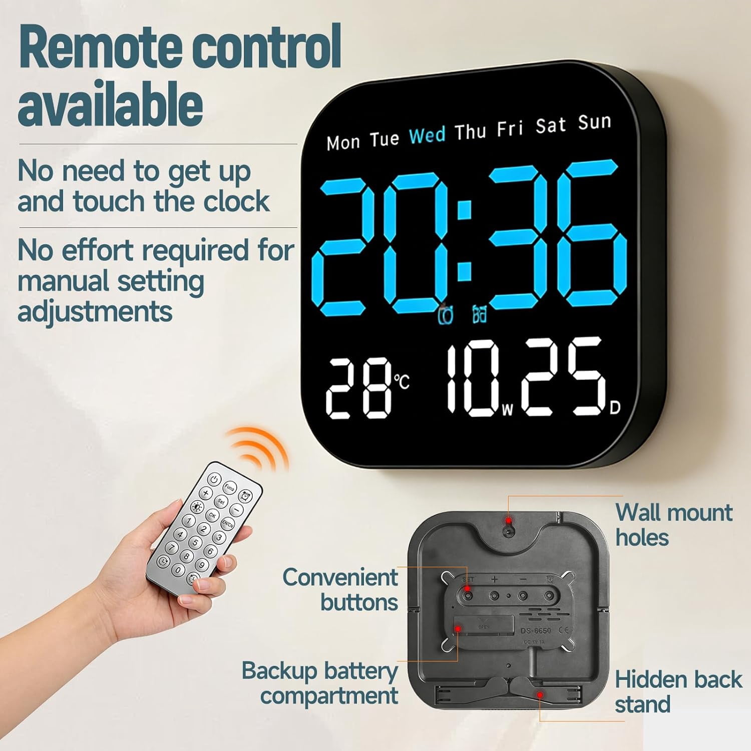 Hangable Standalone Square Clock - Large Digital Wall Clock with Remote, Auto-Dimming LED Display, Indoor Temperature Humidity Date Monitor, Modern Living Room Gadget, Office & Bedroom Decor