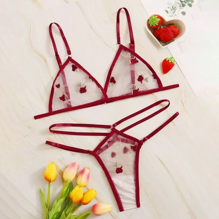 

UoCefik Women s Sexy Lingerie Mesh Embroidery 2 Piece Bodysuit Print Strappy Sexy Bra and Panty Sets Red XXL