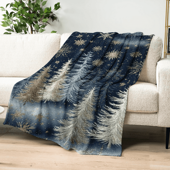 Ullo0ord 1pc Winter Snowy Pine Forest Fleece Blanket - Dark Blue Golden Snowflake Print, Soft Plush All-Season Cozy Throw Christmas Blankets, Winter Blanket Warm High Quality