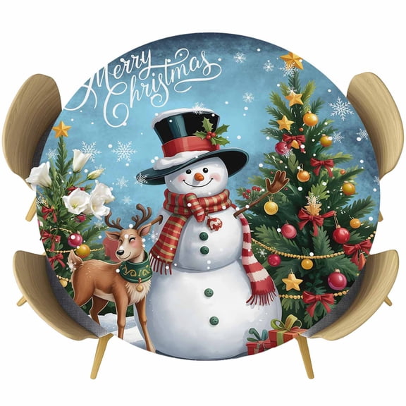 Dark Blue Christmas Round Tablecloth, Fitted Table Cover with Elastic for 45"-54" Round Tables, Snowman Xmas Tree Snowflake Gifts Elk Table Cloth Outdoor Indoor Dinning Party Waterproof Tablecloths