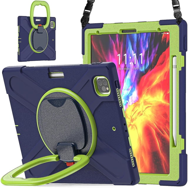 Funda a juego para iPad Pro de 12,9 pulgadas (2020) con correa para el hombro, soporte de anilla ajustable grande, portalápices y protección contra golpes.