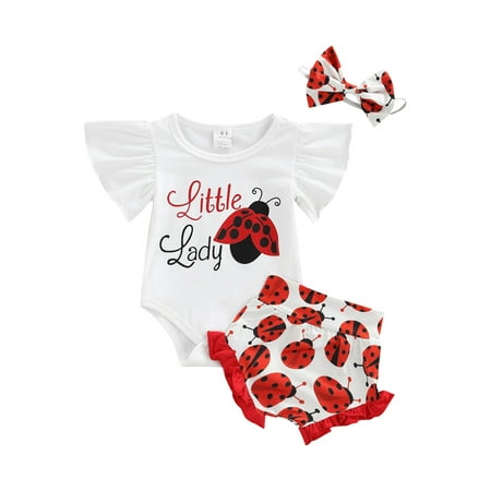 

EYIIYE Toddler Baby Girl Cow/ Ladybird/Letter Print Round Neck Short Sleeve Romper Print Shorts with Bow Headband 3PCS Set