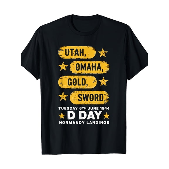 Men's D-Day Normandy Landings T-Shirt - 100% Cotton, Casual Black Tee with Utah, Omaha, Golden, Sword Beaches Print, Short Sleeve, Round Neck