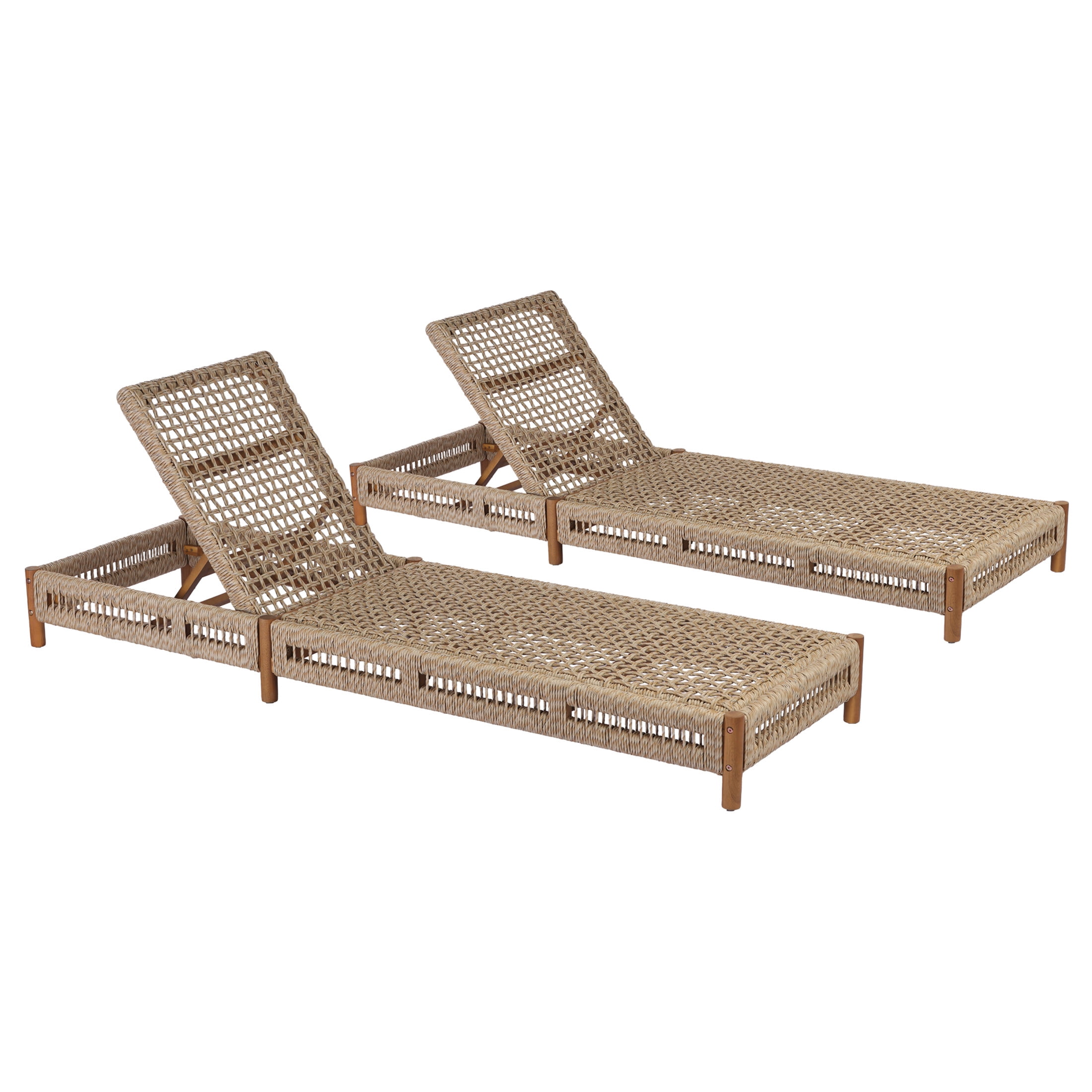 Christopher Knight Home Outdoor Wicker Chaise Lounge, Acacia Wood Frame, Adjustable Backrest, Beige, Set of 2
