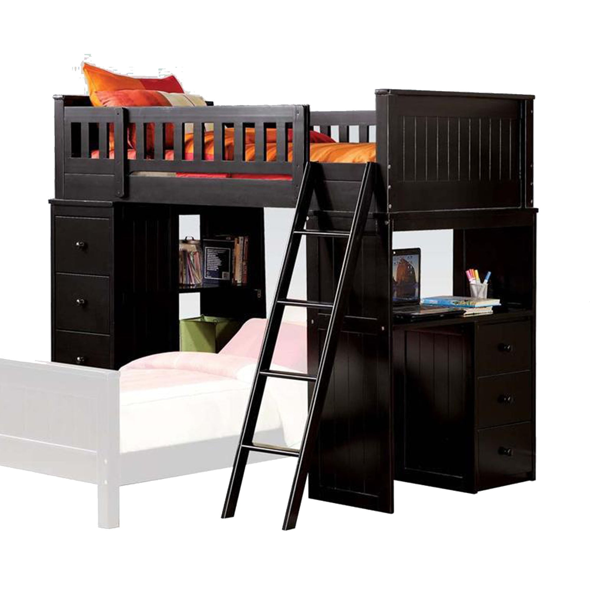 Wooden Loft Bed with Built in Right Facing Desk and Left Facing Five