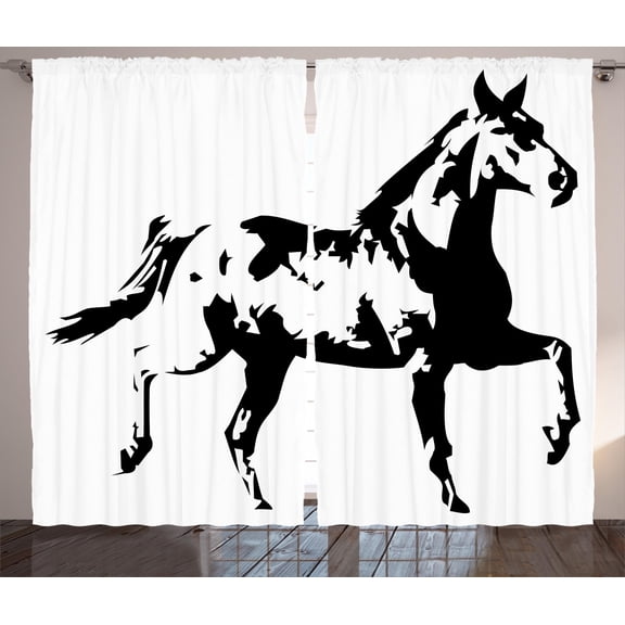 Ambesonne Animal Curtains 2 Panel Set, Running Horse Silhouette, 108" x 63", Black and White