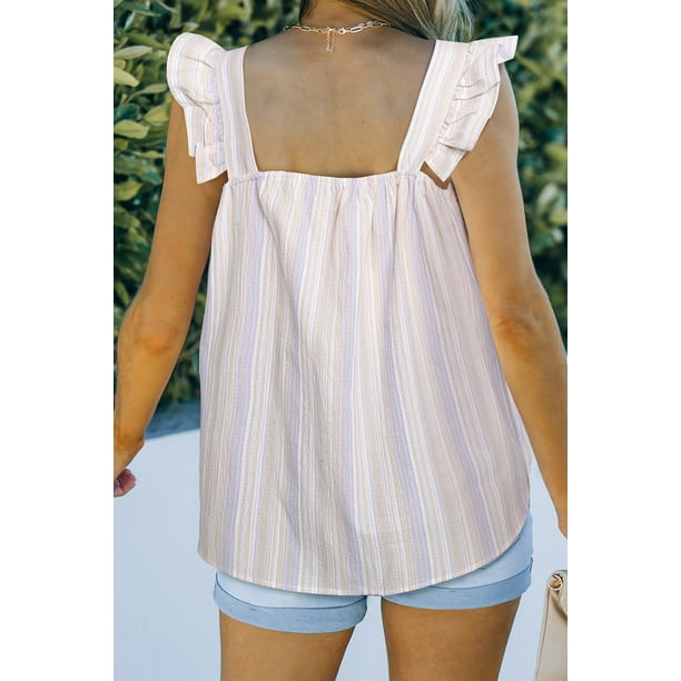 ABPHQTO Camiseta sin mangas de rayas con cuello cuadrado bordado azul cielo para mujer
