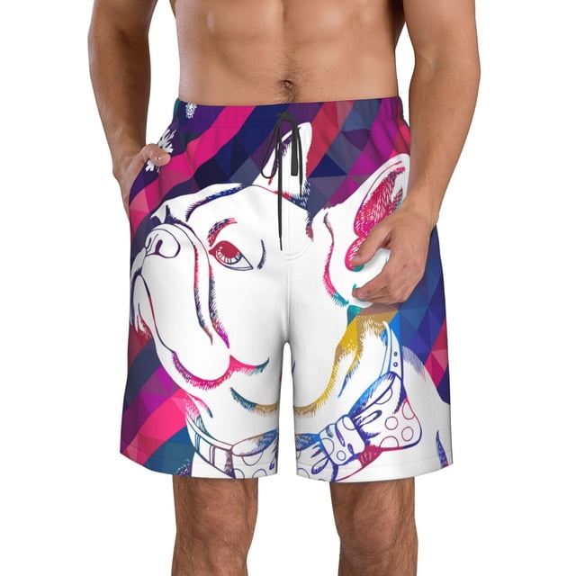 Wukai Colorful Bulldog Print Beach Trunks with Compression Liner Swimsuit Quick Dry Beach Sports Shorts with Pocket-Medium