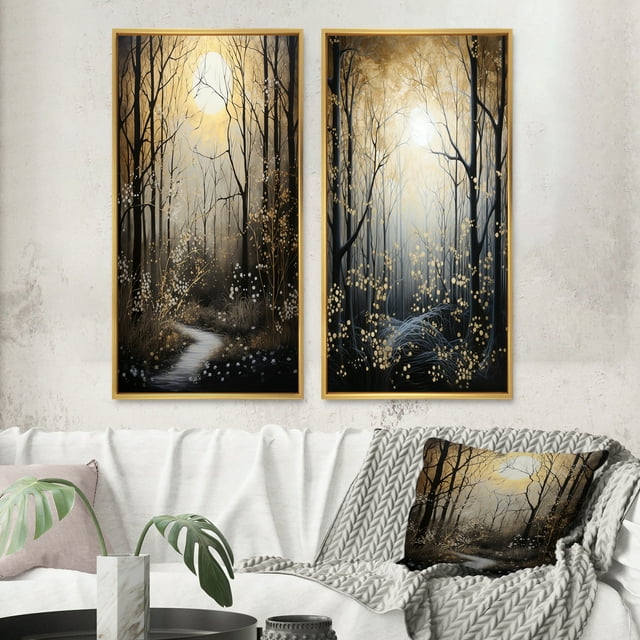 Designart "Forest Tree Monochrome Moonlit Forms II" Art Mural Encadré Monochrome Ensemble de 2 - Toile Encadrée Florale Dorée pour Décoration de Salon