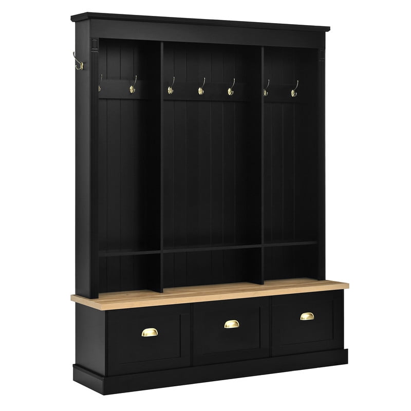 Elegant LED Lighted Hall Tree with 9 Hooks, Entryway Bench with 3 Storage Cabinets and Shelves, Farmhouse Coat Rack Mudroom Organizer with APP Controlled RGB Lighting