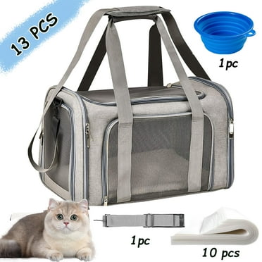 VEGCOO Pet Carrier Set, for Small Medium Cats and Puppies up to 15 lbs, Airline Approved Foldable Travel Carrier with Shoulder Pads, Pet Diaper (10 Pieces) and Blue Folding Bowl, Gray