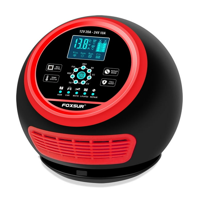 Mistaha High-Power Portable Car Battery Charger for Vehicles - FOXSUR 12V24V 300W Round Ball Model with 20A Output, 7-Stage Automatic Charging System, Microprocessor Control - Red Color, US Plug,