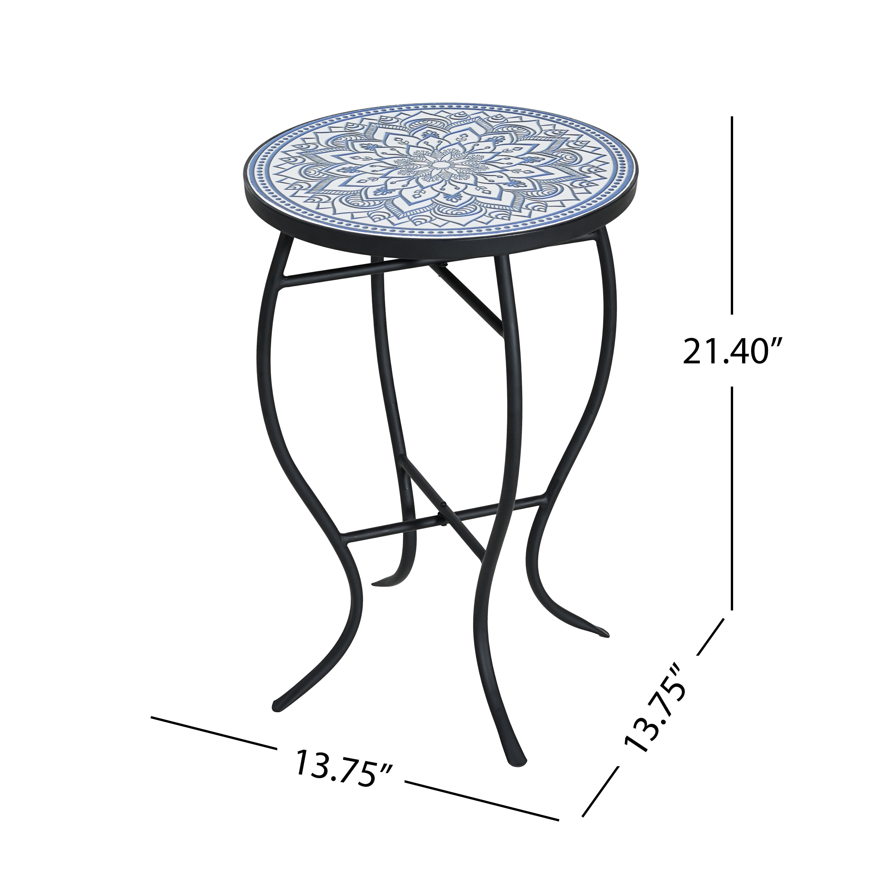 Outdoor Round Mosaic Top Iron Leg Side Table for Patio Garden, Blue