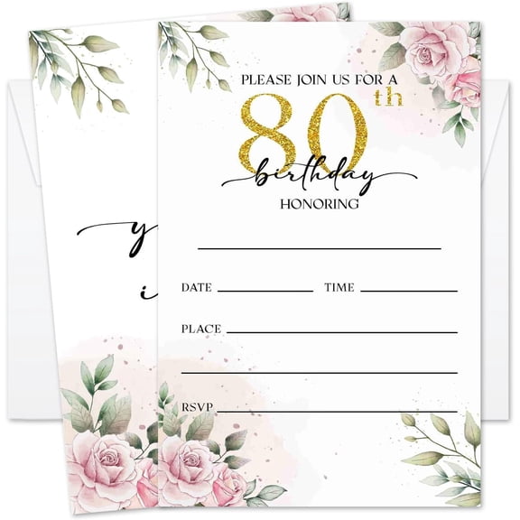 80th Rose Birthday Invitation for Women, Birthday Invitation With Envelopes, 80 Years Old Birth Invites for Adult, 20 Pcs Birth Invite Cards Party Celebration Supplies /03