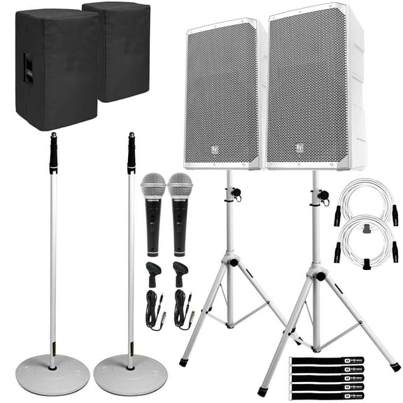 Electro-Voice ELX200-15P-W 15" 2-Way White Powered Speakers with Stands & Covers Duo Package