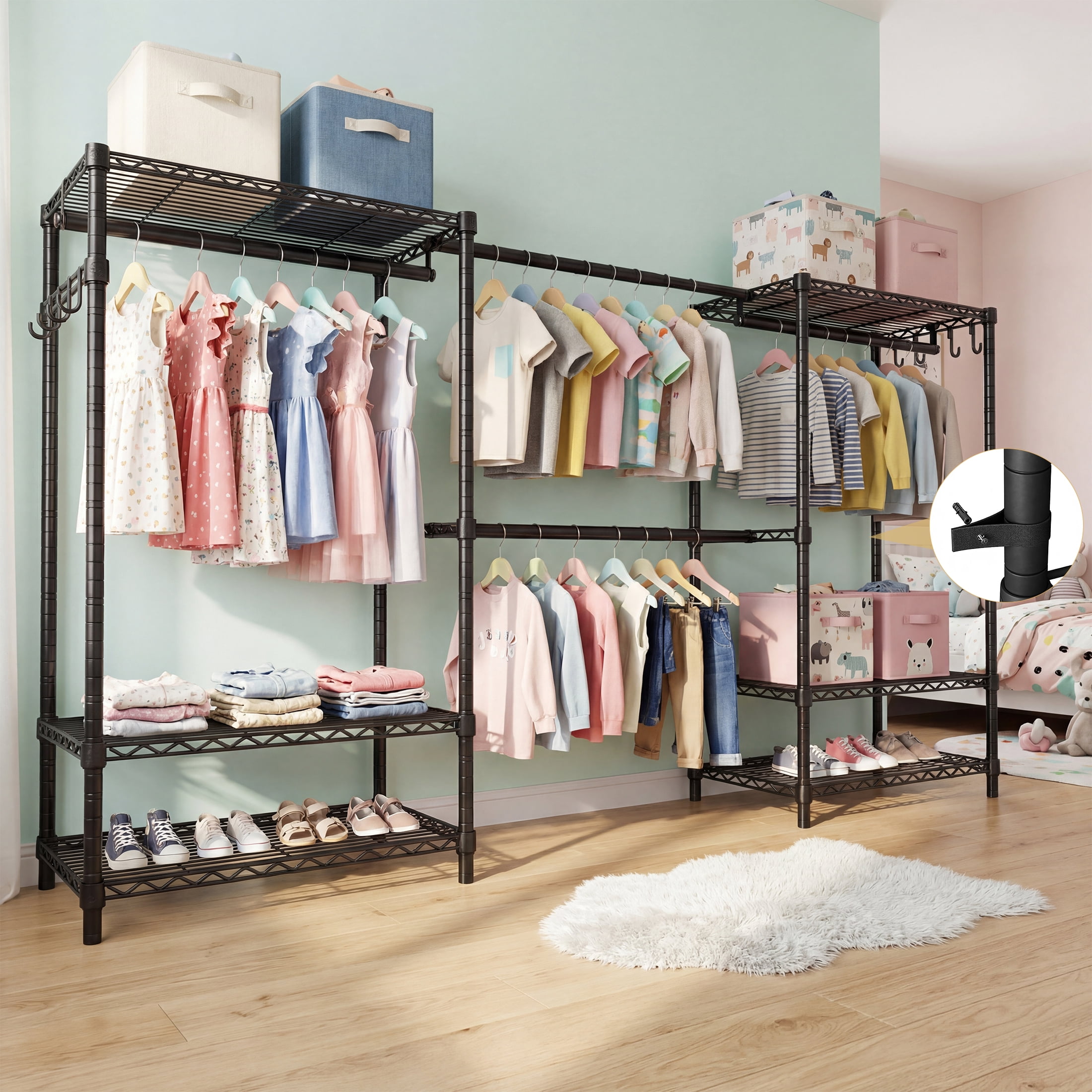 Prilinex Extendable Heavy Duty Clothes Rack with Shelves, Freestanding Clothing Racks for Hanging Clothes, Closet Organizer System, Adjustable Garment Rack, 71.4"H x (71.5"-91.3")W x 14"D, Black