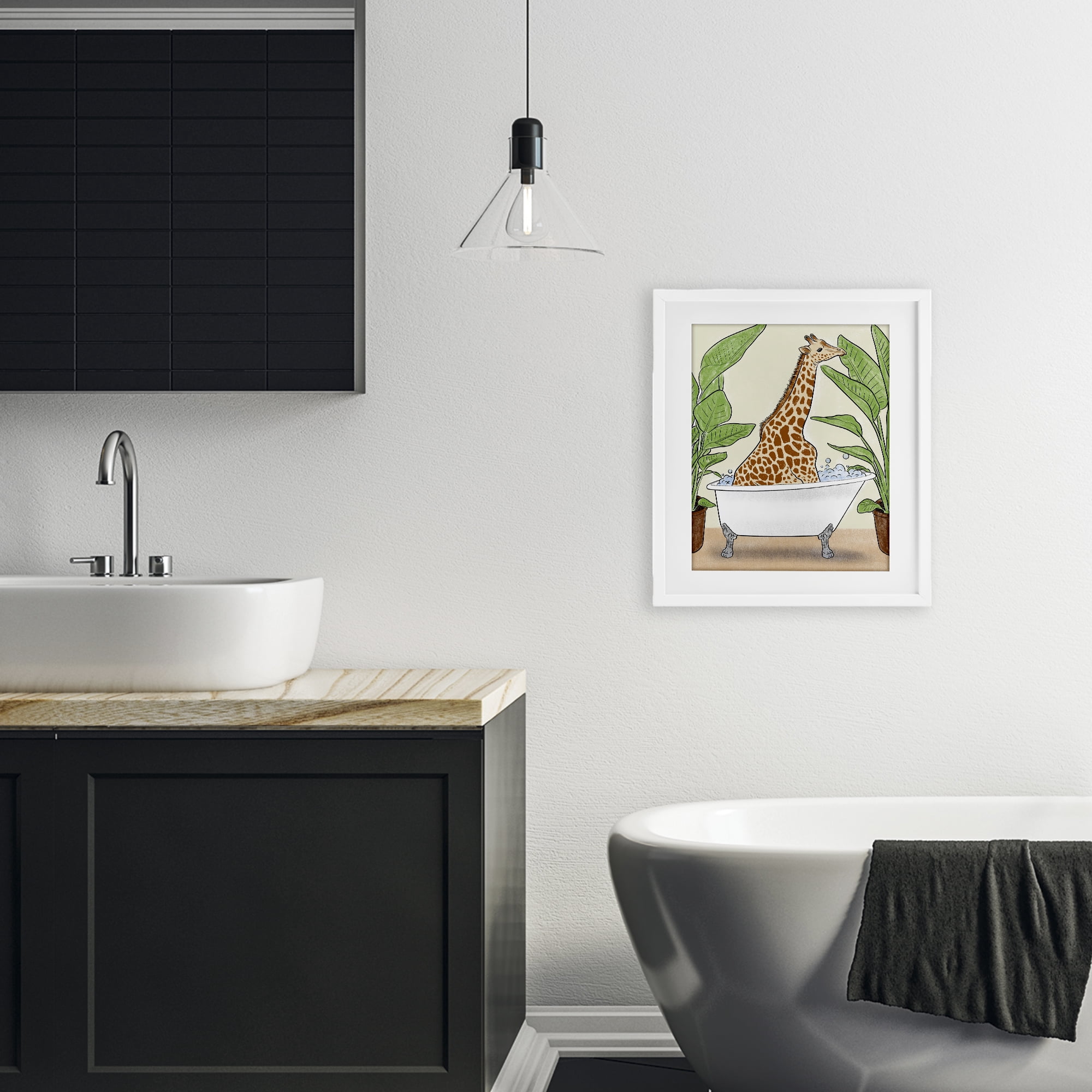 Stupell Industries Bathing Giraffe & Plants White Framed Print Under Glass, design by Marcus Prime