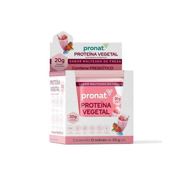 Suplemento Proteína Vegetal Pronat Sabor Malteada de Fresa Caja con 12 Sobres