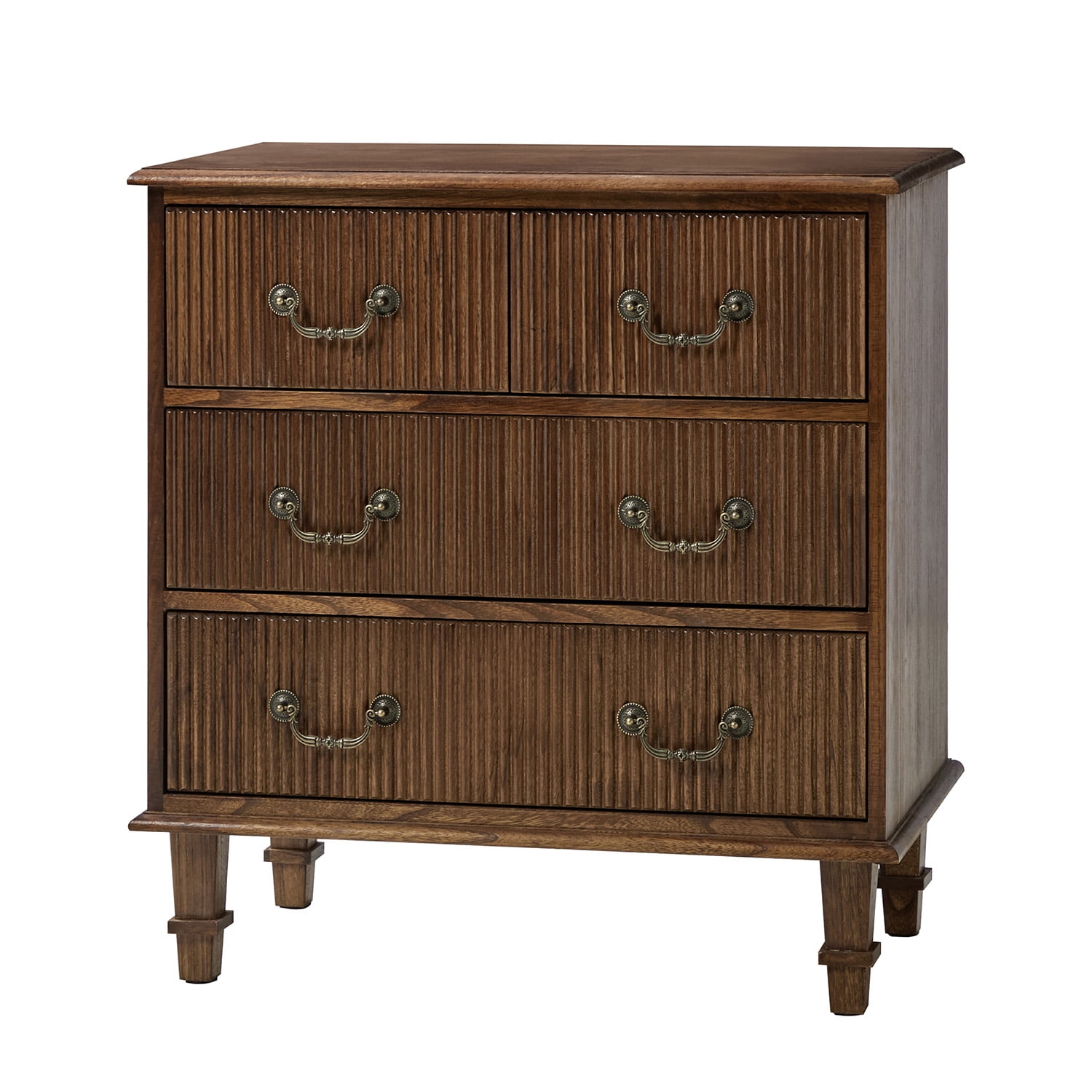 Tina's Home Transitional Solid Wood End Table with Vertical Striped Design, Built-in Charging Station - 4 Walnut Drawers
