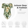 thumbnail image 4 of KLL Women 's Crew Neck Bodysuit Jumpsuits Lilies Flowers Print Short onesies Stretch T Shirts, 4 of 7