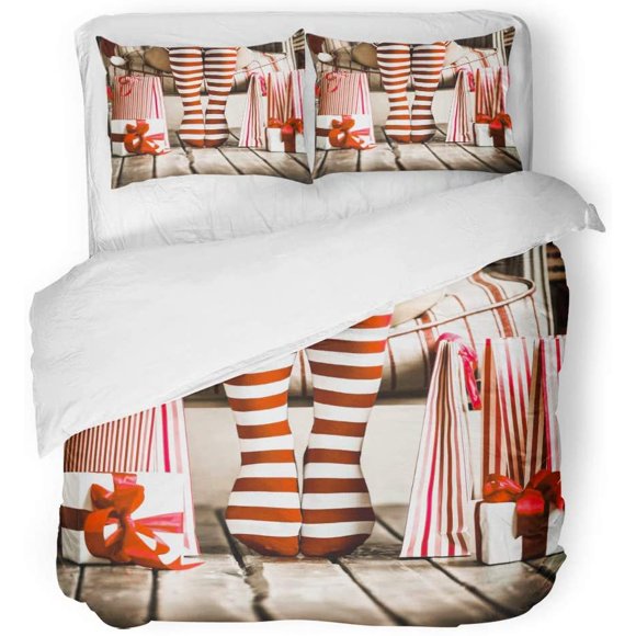 RYLABLUE 3 Piece Bedding Set Red Girl Santa Woman Legs Christmas Shopping Xmas Box Hipster Retro Twin Size Duvet Cover with 2 Pillowcase for Home Bedding Room Decoration