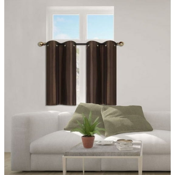 N25 Brown 1-Set Solid Faux Silk Grommet Top Small Window Curtain, 2 Semi Sheer Tier Panels 30" W x 36" L (Each Tier)