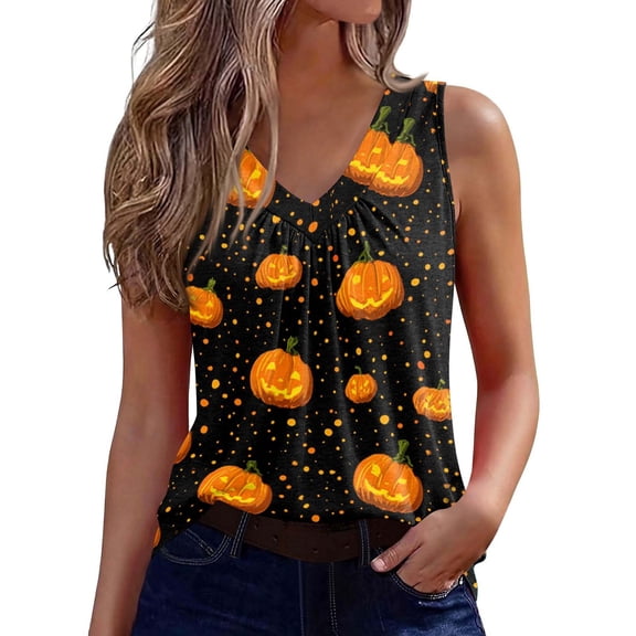 Bovemsi Plus Size Tank Tops for Women V Neck Pumpkin Graphic Sleeveless, Halloween Layering Comfort Tops for Women Trendy L