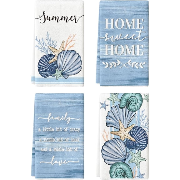 Sweet Seashell Snail Starfish Summer Kitchen Towels Dish Towels, 18x26 Inch Farmhouse Summer Seasonal Decoration Hand Towels Set of 4