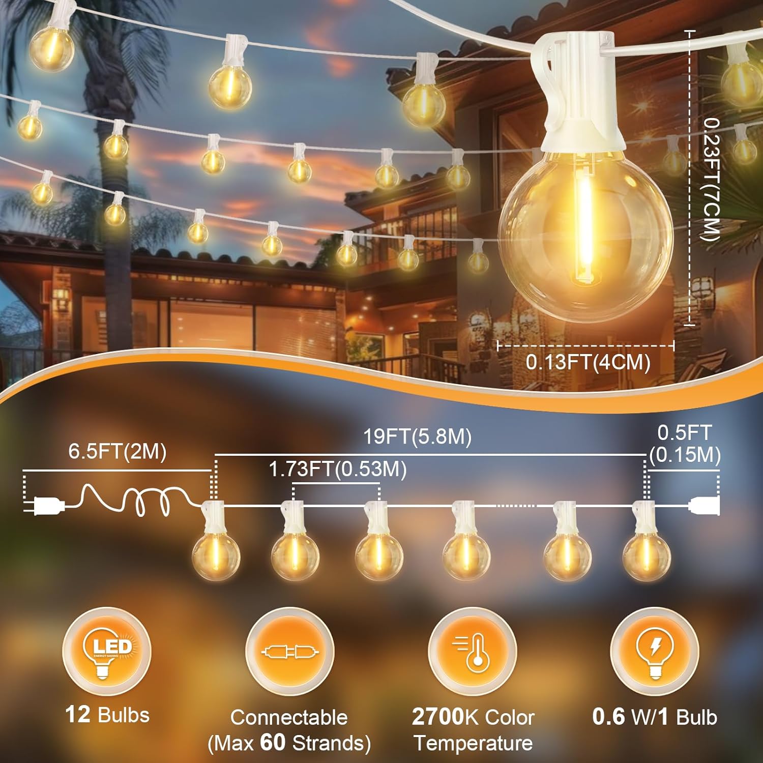 26 Feet LED Outdoor String Lights with 12+1 Shatterproof G40 Edison Bulbs, Connectable and Weatherproof Strand, Commercial Grade Patio Lights for Backyard Decorative, Warm White