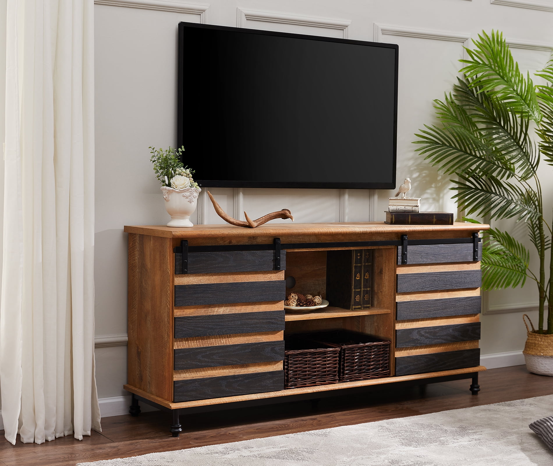 Farmhouse TV Stand for TVs up to 65 Inches, Wood Media Entertainment Center with Storage Cabinet for Living Room, Black & Brown