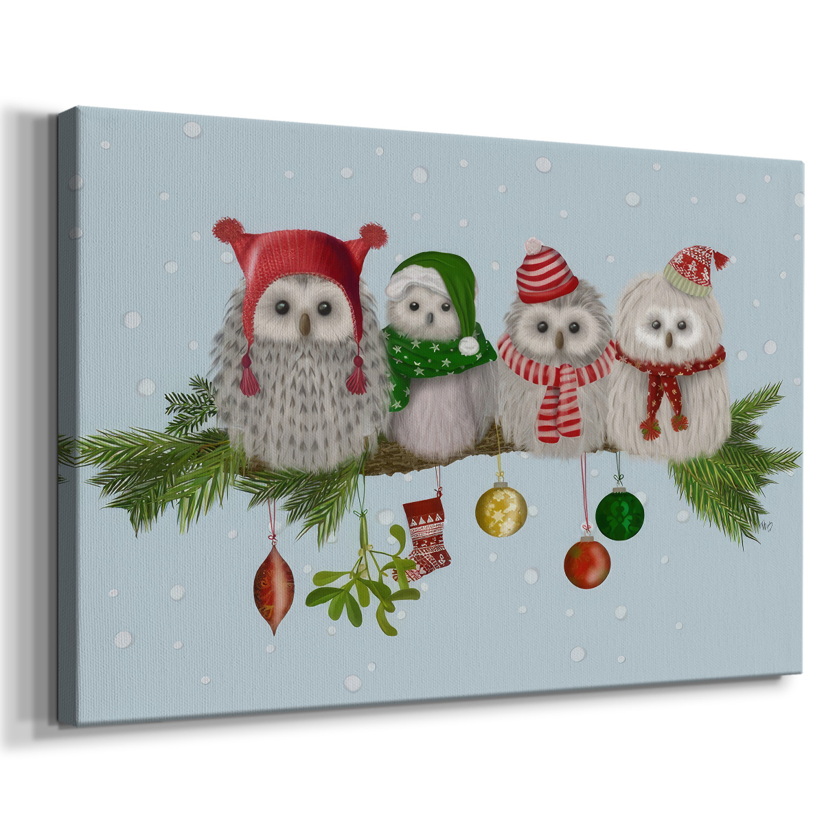 Christmas Fluffy Christmas Owls on Branch- Gallery Wrapped Canvas