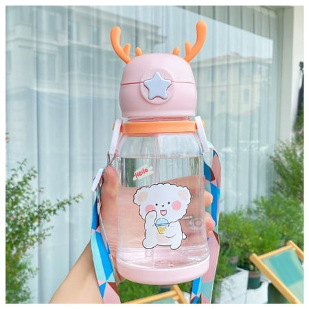 

Water Bottle Antlers Shape Cartoon Print with Straw and Backing Strap Water Jar Pink 600ml